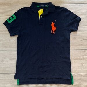 Polo by Ralph Lauren Vintage Navy Polo Shirt with Green and Orange Accents
